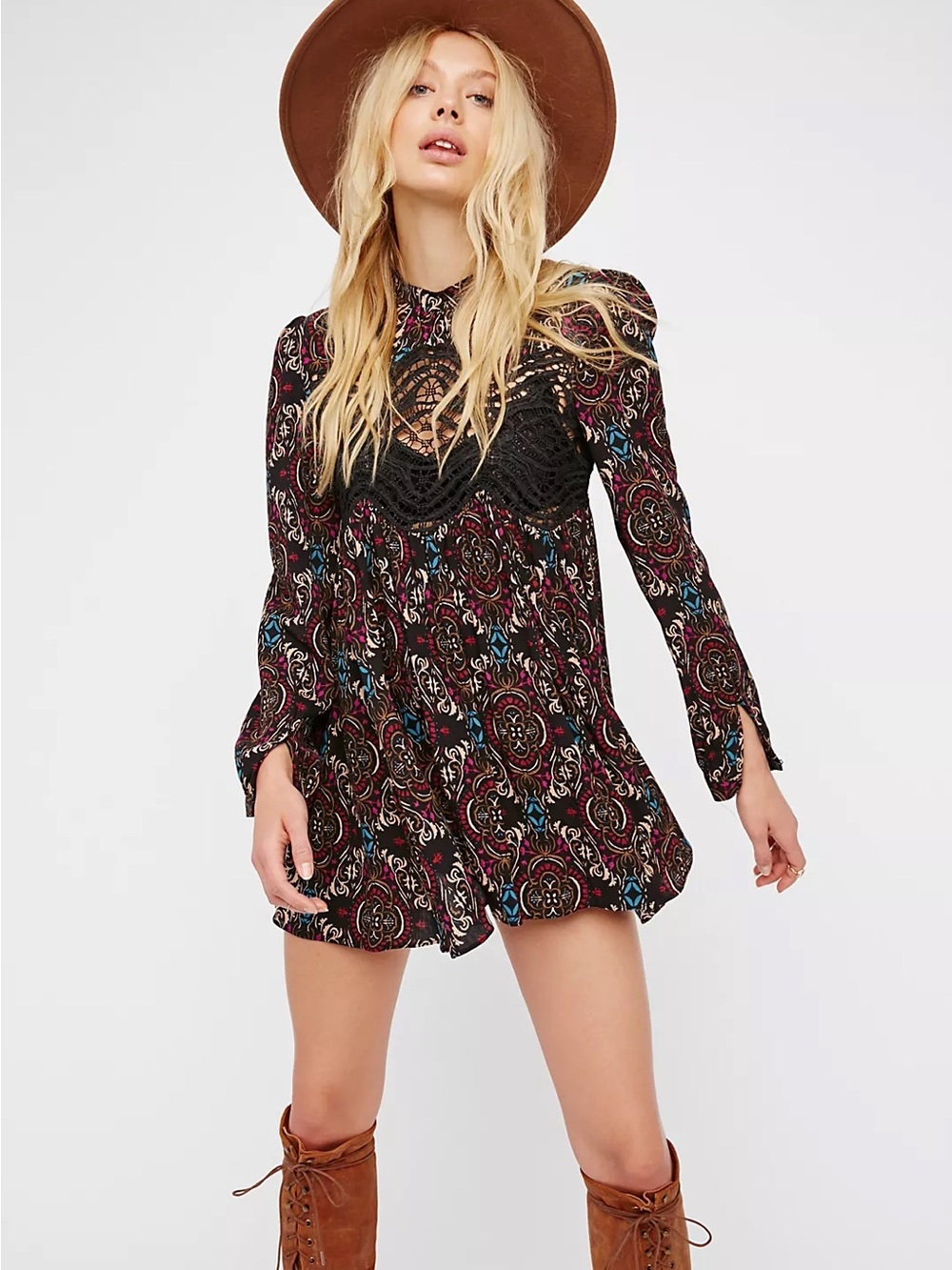 Free People Boho Lace-Panel Floral Tunic Top in Black, Burgundy, Teal